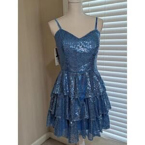 Women's Fancy Dress Blue With Sparkles. Size 10. Zips & Ties In Back Knee Length